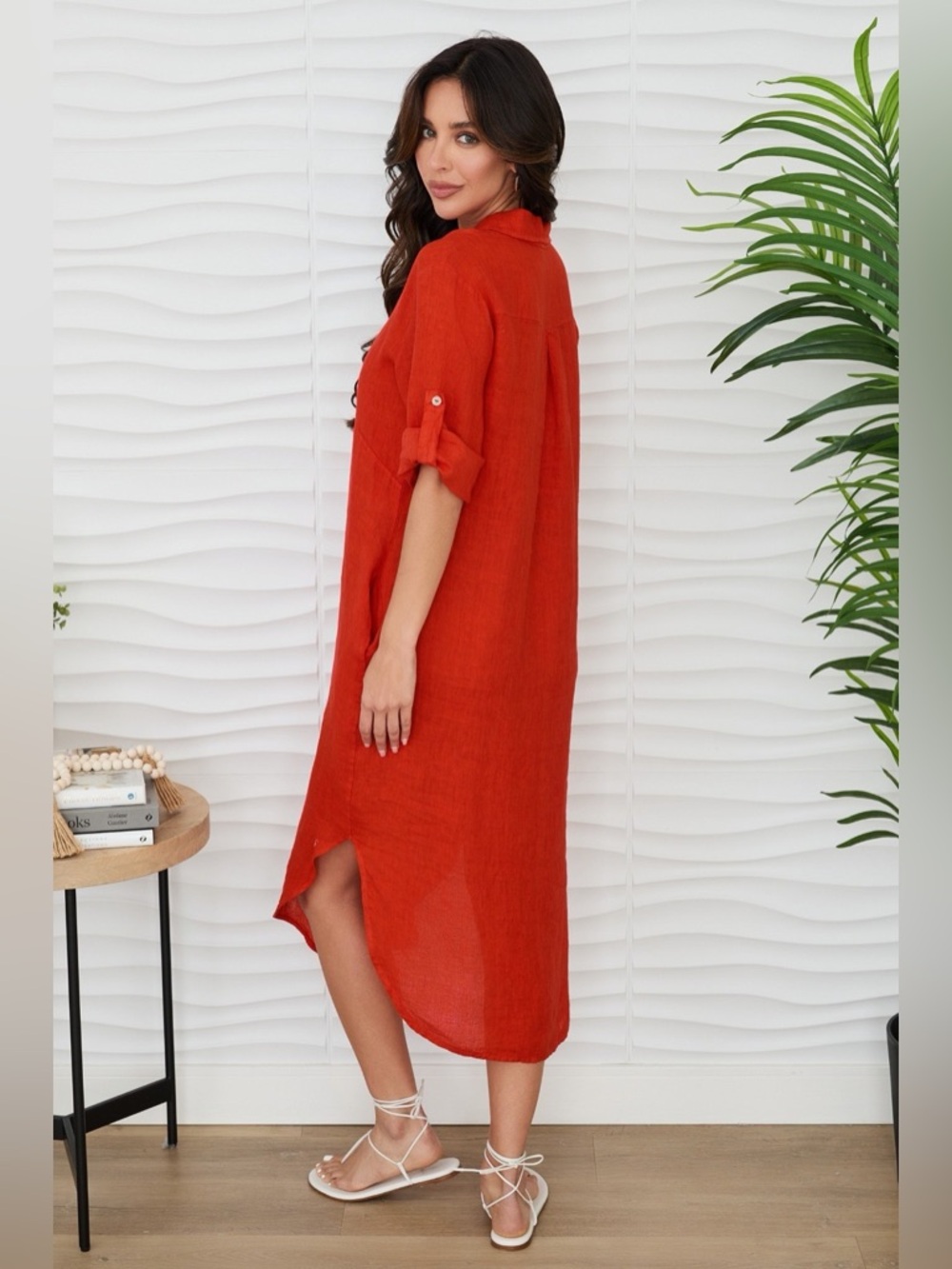 (60601-SOL-RED) SOLID MIDI-LENGTH BUTTON DOWN LINEN DRESS - Picture 3 of 3